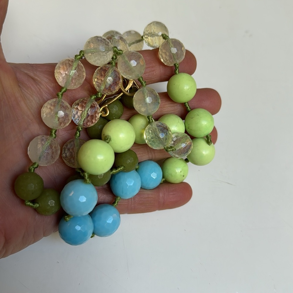 Wendy Mink pastel dbl hand knotted moonstone blues greens sterling silver clasp